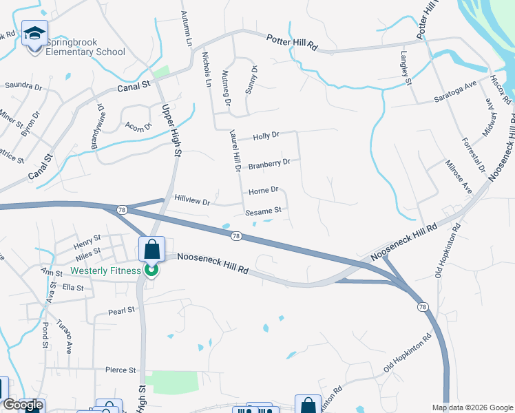 map of restaurants, bars, coffee shops, grocery stores, and more near 7 Sesame Street in Westerly