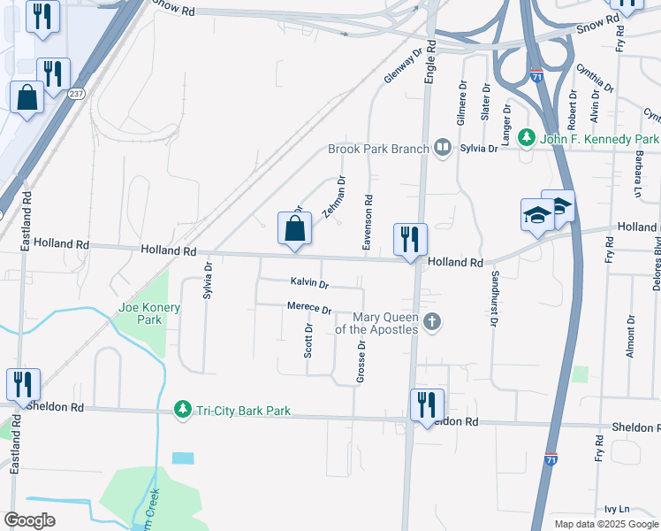 map of restaurants, bars, coffee shops, grocery stores, and more near 18208 Kalvin Drive in Brook Park