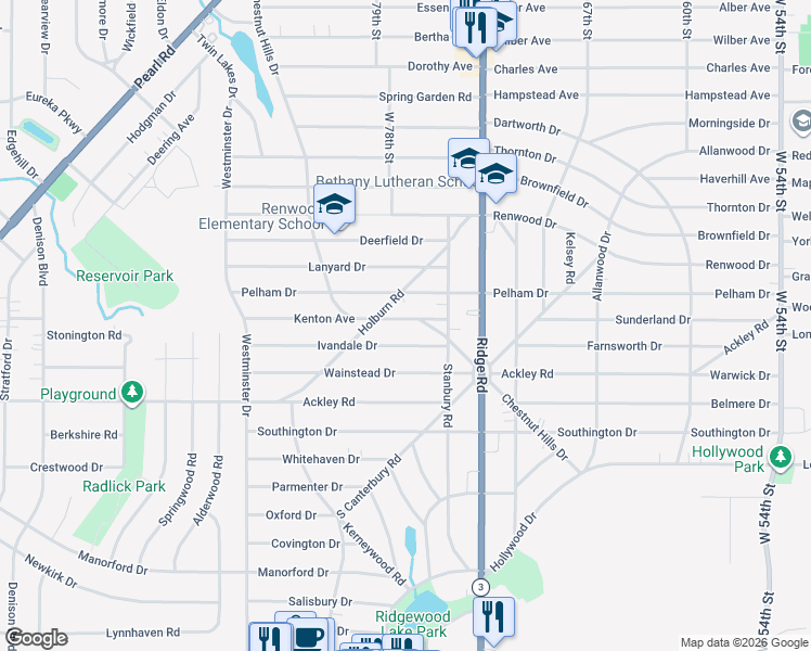 map of restaurants, bars, coffee shops, grocery stores, and more near 7712 Ivandale Drive in Parma