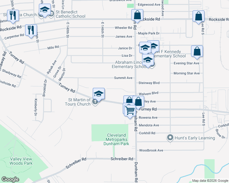 map of restaurants, bars, coffee shops, grocery stores, and more near 14863 Turney Road in Maple Heights