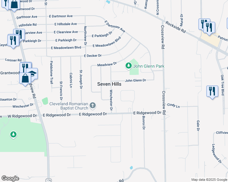 map of restaurants, bars, coffee shops, grocery stores, and more near 6250 Logan Drive in Seven Hills