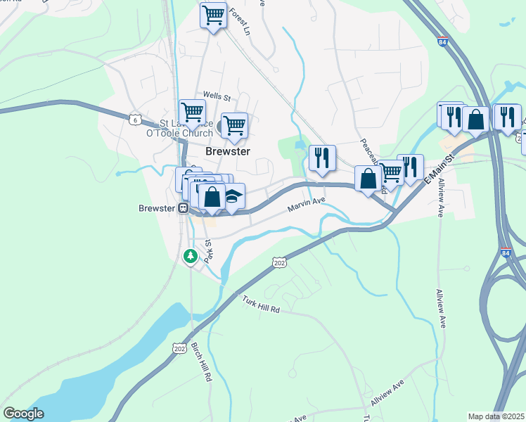 map of restaurants, bars, coffee shops, grocery stores, and more near 4 Wilkes Street in Brewster