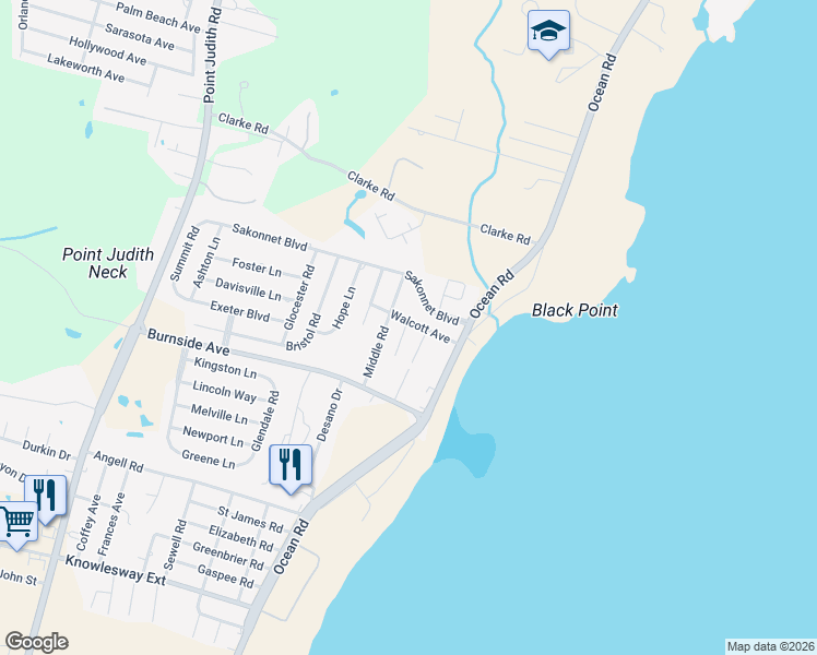 map of restaurants, bars, coffee shops, grocery stores, and more near 14 Milkay Way in Narragansett