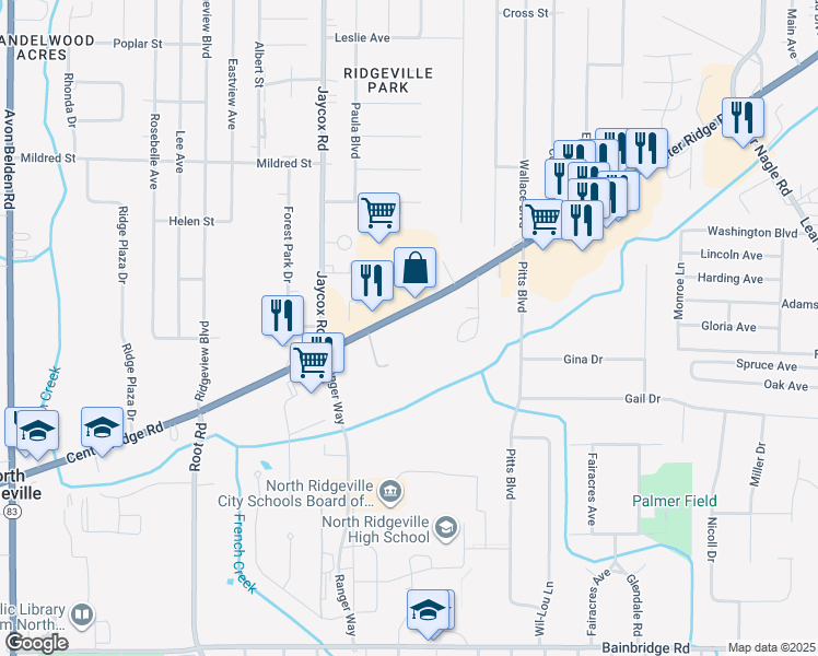 map of restaurants, bars, coffee shops, grocery stores, and more near 34805 Center Ridge Road in North Ridgeville