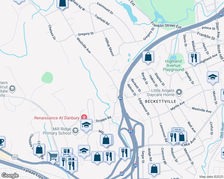 map of restaurants, bars, coffee shops, grocery stores, and more near 139 Westville Avenue in Danbury