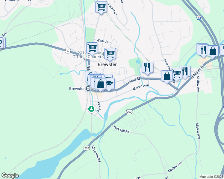map of restaurants, bars, coffee shops, grocery stores, and more near 79 Main Street in Brewster
