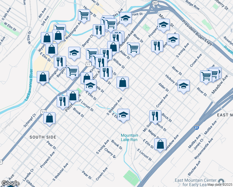 map of restaurants, bars, coffee shops, grocery stores, and more near 636 Maple Street in Scranton