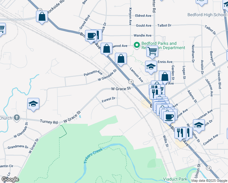 map of restaurants, bars, coffee shops, grocery stores, and more near 83 Forest Drive in Bedford