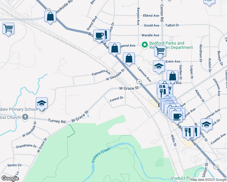 map of restaurants, bars, coffee shops, grocery stores, and more near 121 Forest Drive in Bedford