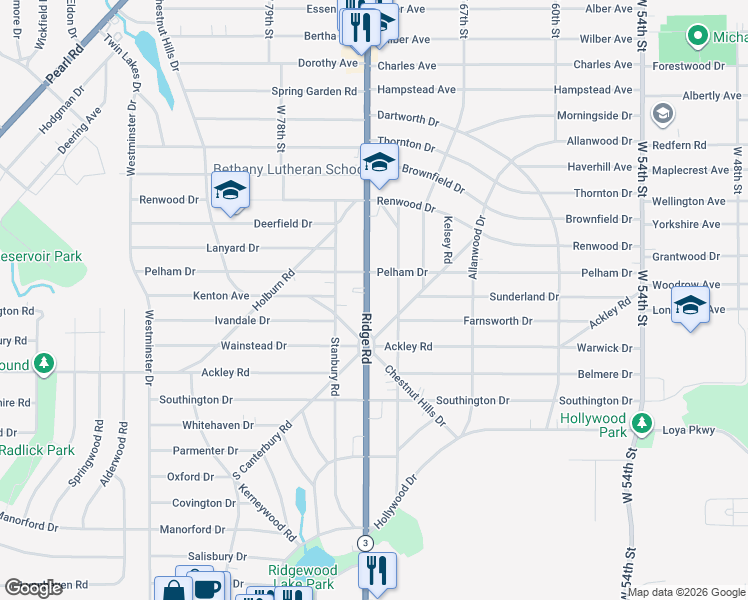 map of restaurants, bars, coffee shops, grocery stores, and more near 6236 Ridge Road in Parma