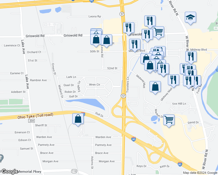 map of restaurants, bars, coffee shops, grocery stores, and more near 530 Eagle Circle in Elyria