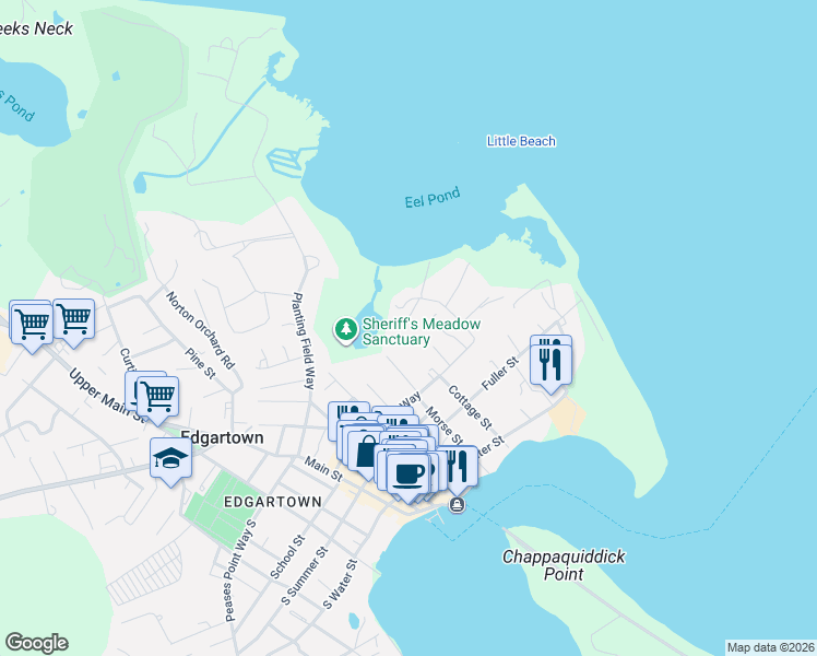 map of restaurants, bars, coffee shops, grocery stores, and more near 46 Braleys Way in Edgartown