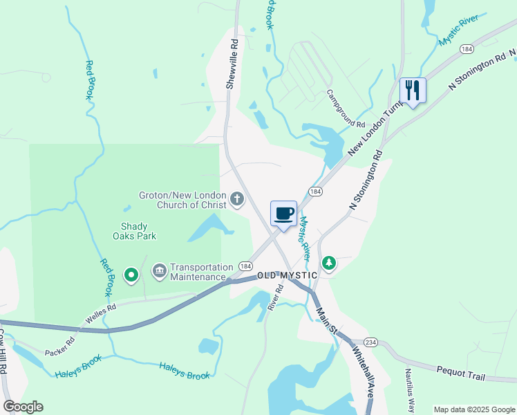 map of restaurants, bars, coffee shops, grocery stores, and more near 107 Shewville Road in Mystic