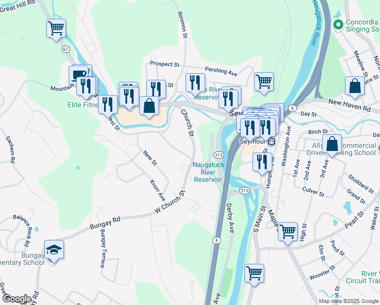 map of restaurants, bars, coffee shops, grocery stores, and more near 69 West Street in Seymour
