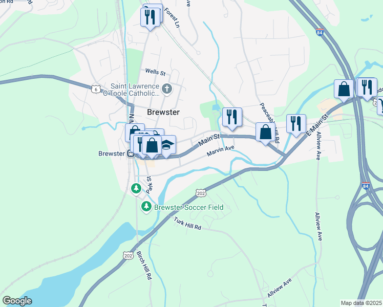 map of restaurants, bars, coffee shops, grocery stores, and more near 55 Marvin Avenue in Brewster