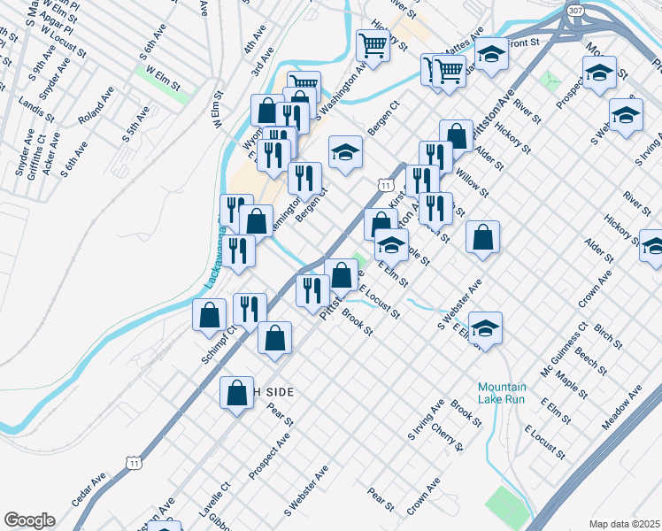 map of restaurants, bars, coffee shops, grocery stores, and more near 1200 Cedar Avenue in Scranton