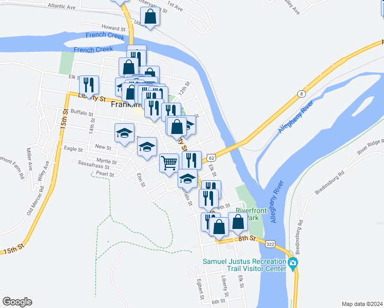 map of restaurants, bars, coffee shops, grocery stores, and more near 1030 Liberty Street in Franklin