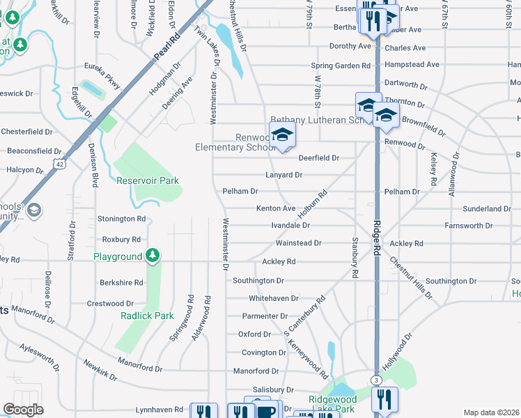 map of restaurants, bars, coffee shops, grocery stores, and more near 8300 Ivandale Drive in Parma