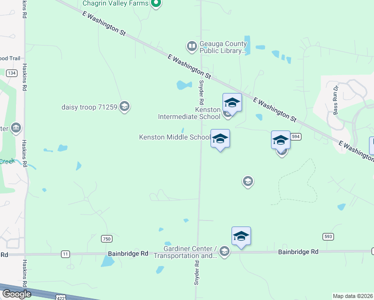 map of restaurants, bars, coffee shops, grocery stores, and more near 17476 Snyder Road in Chagrin Falls