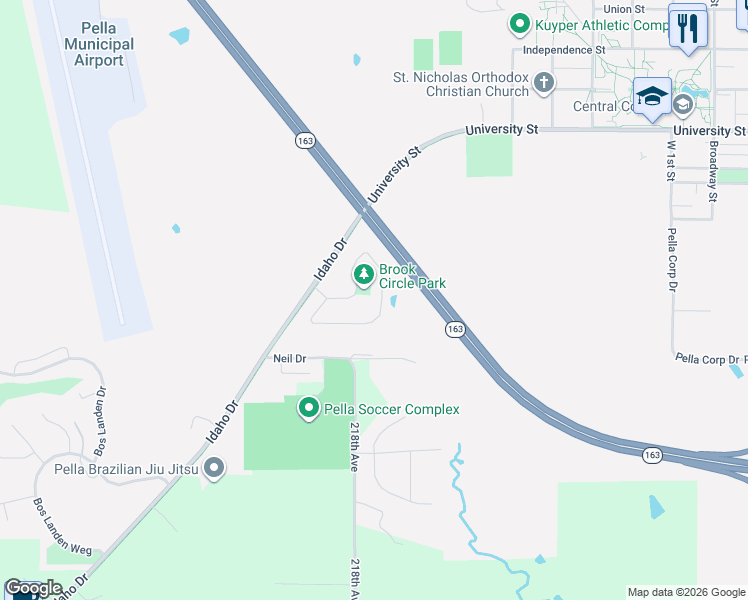 map of restaurants, bars, coffee shops, grocery stores, and more near 65 Brook Circle in Pella