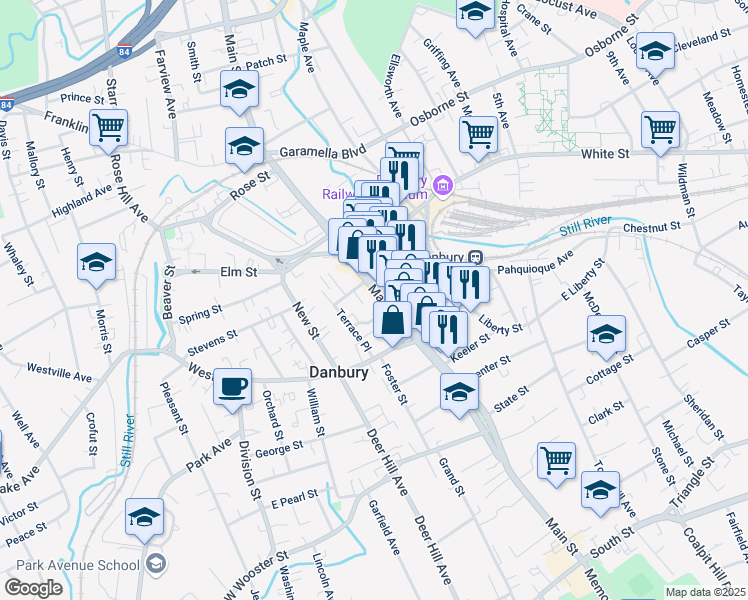 map of restaurants, bars, coffee shops, grocery stores, and more near 10 Chapel Place in Danbury