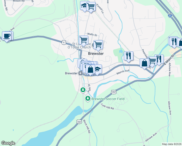 map of restaurants, bars, coffee shops, grocery stores, and more near 4 Progress Street in Brewster