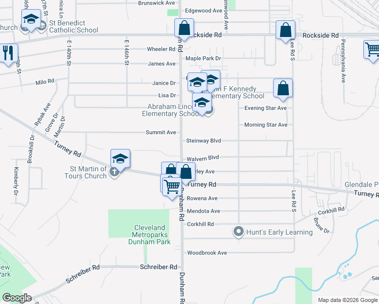 map of restaurants, bars, coffee shops, grocery stores, and more near 15215 Steinway Boulevard in Maple Heights