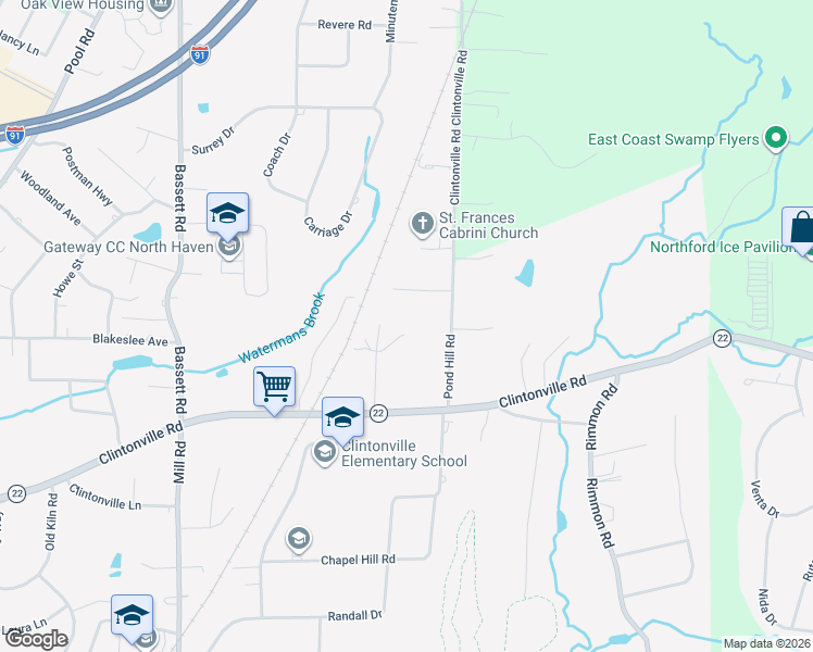 map of restaurants, bars, coffee shops, grocery stores, and more near 18 Fawn Ridge Drive in North Haven