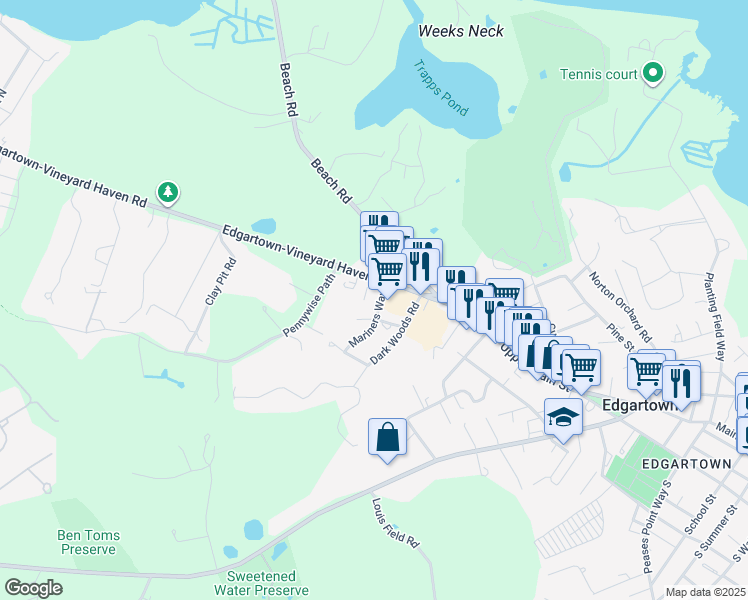 map of restaurants, bars, coffee shops, grocery stores, and more near 258 Edgartown-Vineyard Haven Road in Edgartown