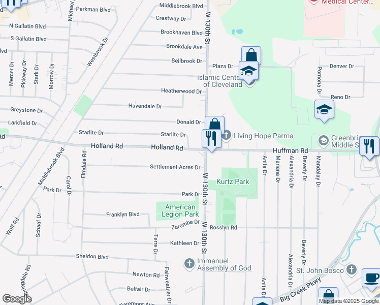 map of restaurants, bars, coffee shops, grocery stores, and more near 13425 Holland Road in Brook Park