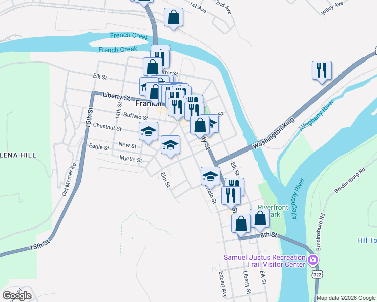 map of restaurants, bars, coffee shops, grocery stores, and more near 1129 Buffalo Street in Franklin