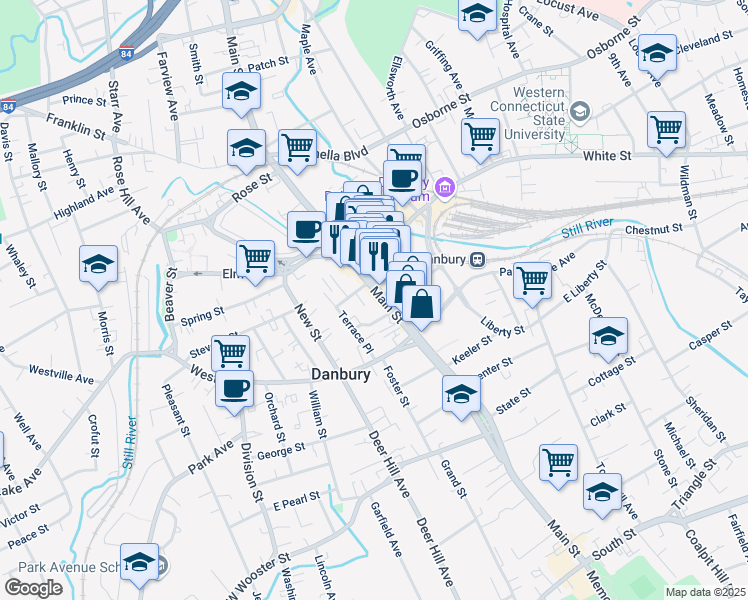 map of restaurants, bars, coffee shops, grocery stores, and more near in Danbury