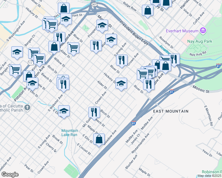 map of restaurants, bars, coffee shops, grocery stores, and more near in Scranton