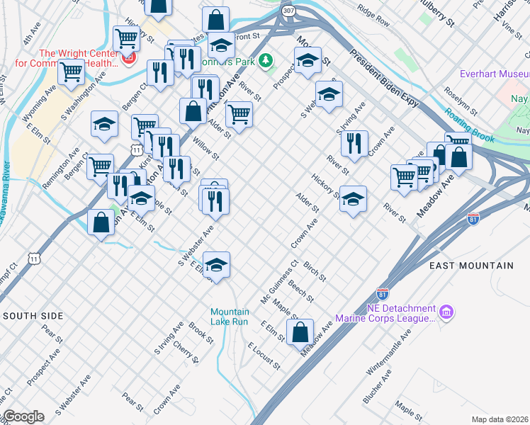 map of restaurants, bars, coffee shops, grocery stores, and more near 720 Willow Street in Scranton
