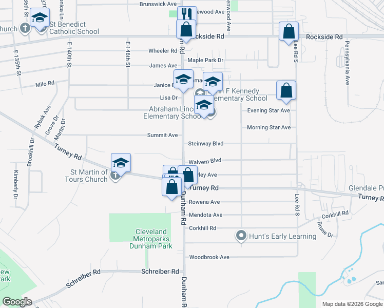 map of restaurants, bars, coffee shops, grocery stores, and more near 15215 Steinway Boulevard in Maple Heights