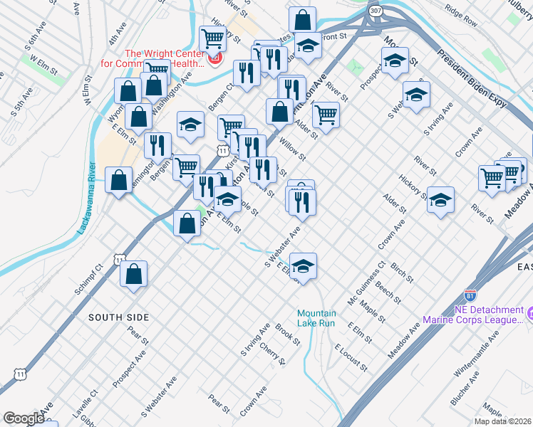 map of restaurants, bars, coffee shops, grocery stores, and more near 831 Prospect Avenue in Scranton