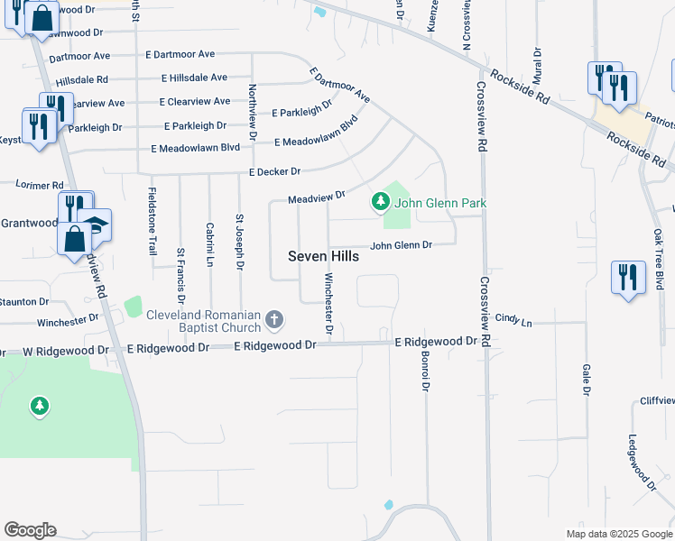 map of restaurants, bars, coffee shops, grocery stores, and more near 948 John Glenn Drive in Seven Hills
