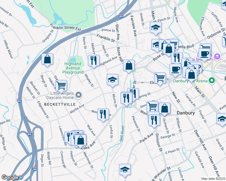 map of restaurants, bars, coffee shops, grocery stores, and more near 28 Morris Street in Danbury