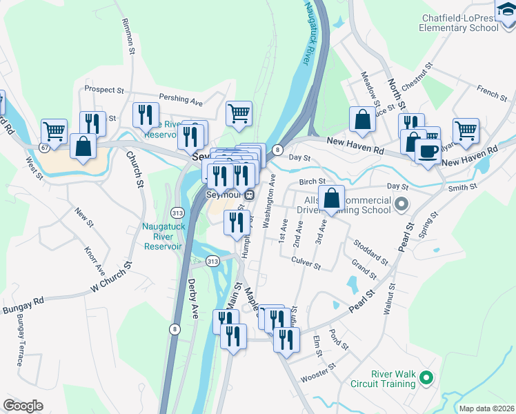 map of restaurants, bars, coffee shops, grocery stores, and more near 78 Humphrey Street in Seymour