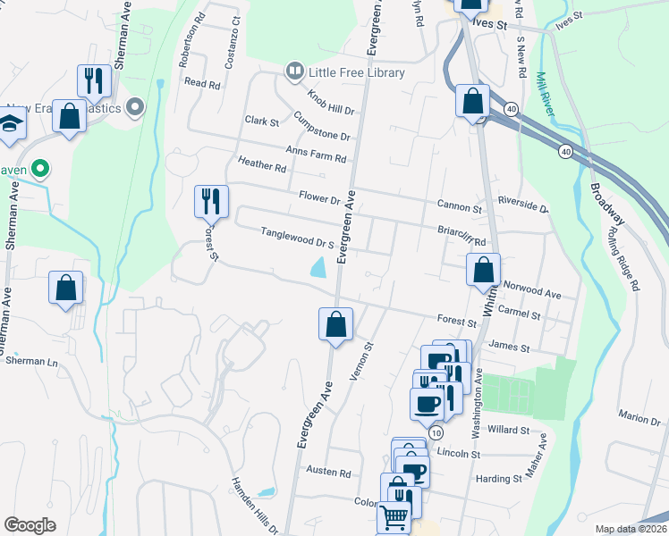 map of restaurants, bars, coffee shops, grocery stores, and more near 420 Evergreen Avenue in Hamden