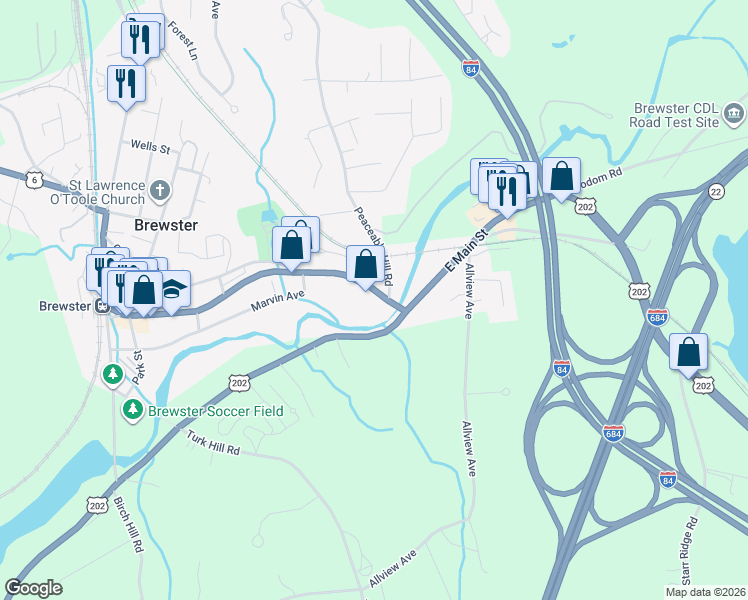 map of restaurants, bars, coffee shops, grocery stores, and more near 175 Main Street in Brewster