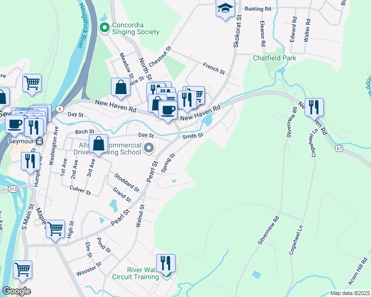 map of restaurants, bars, coffee shops, grocery stores, and more near 290 Pearl Street in Seymour