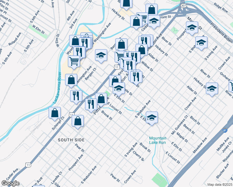 map of restaurants, bars, coffee shops, grocery stores, and more near 1011 Pittston Avenue in Scranton