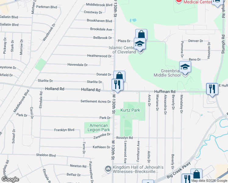 map of restaurants, bars, coffee shops, grocery stores, and more near in Brook Park