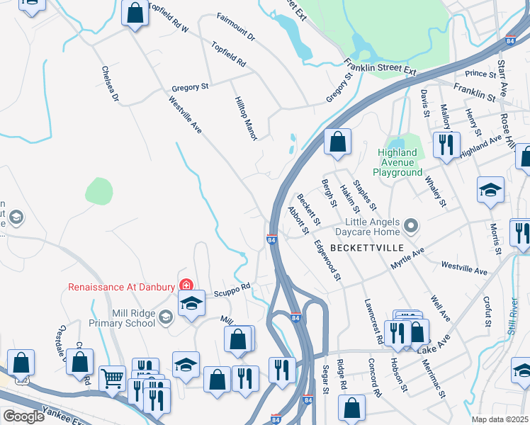 map of restaurants, bars, coffee shops, grocery stores, and more near 139 Westville Avenue in Danbury