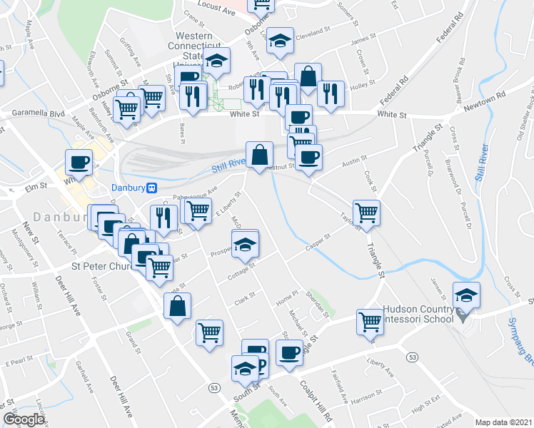 map of restaurants, bars, coffee shops, grocery stores, and more near 67 Sheridan Street in Danbury