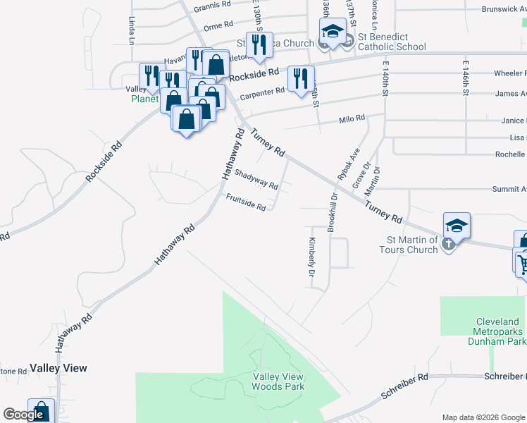 map of restaurants, bars, coffee shops, grocery stores, and more near 12921 Fruitside Road in Garfield Heights