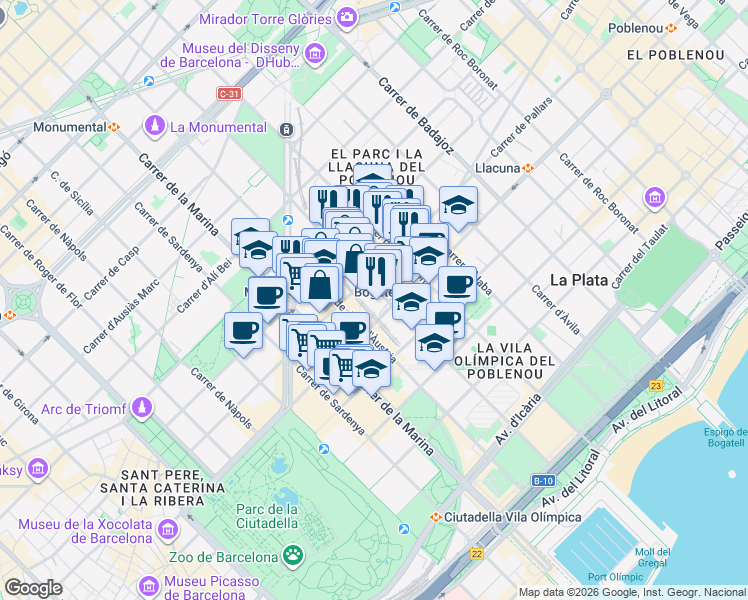 map of restaurants, bars, coffee shops, grocery stores, and more near 73 Carrer de Zamora in Barcelona
