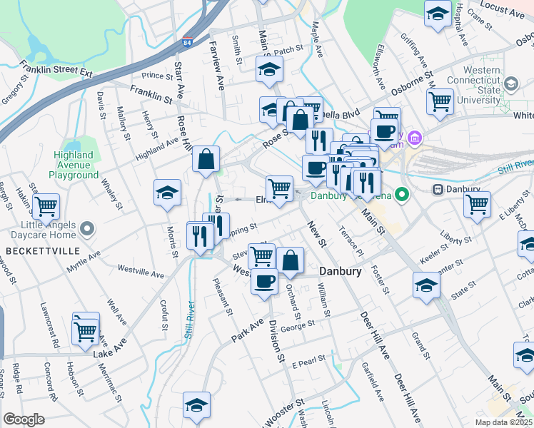 map of restaurants, bars, coffee shops, grocery stores, and more near 21 Spring Street in Danbury