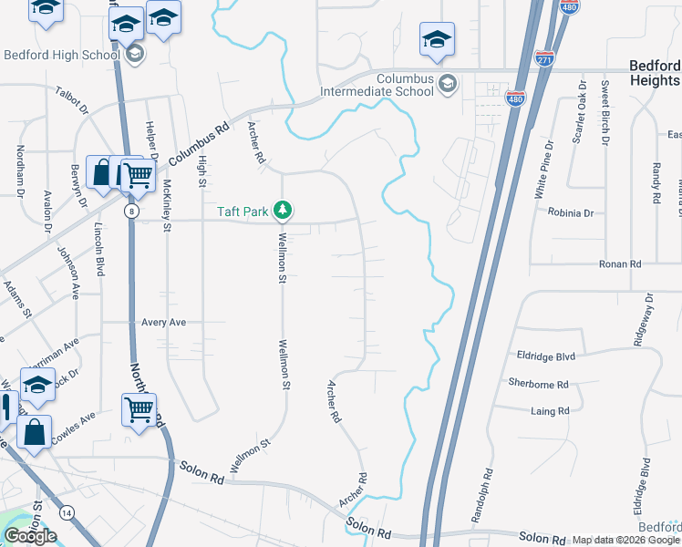 map of restaurants, bars, coffee shops, grocery stores, and more near 874 Archer Road in Bedford
